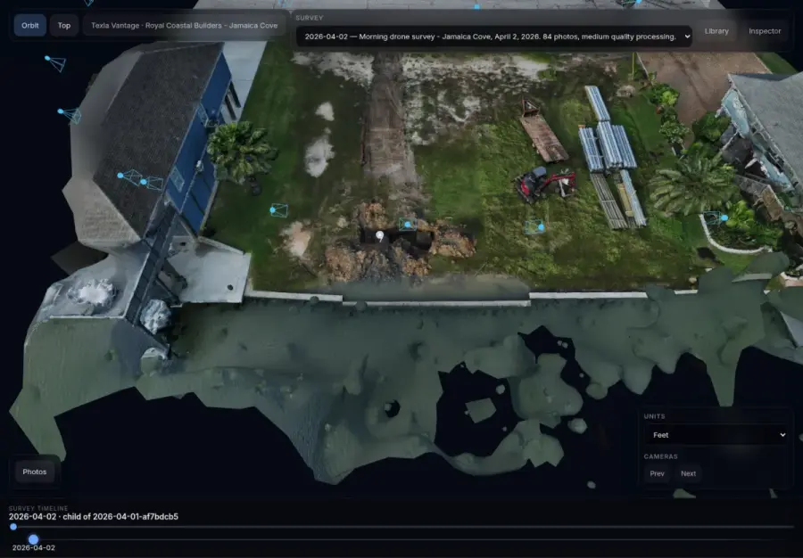 Project documentation view showing a waterfront construction site with camera positions and survey timeline