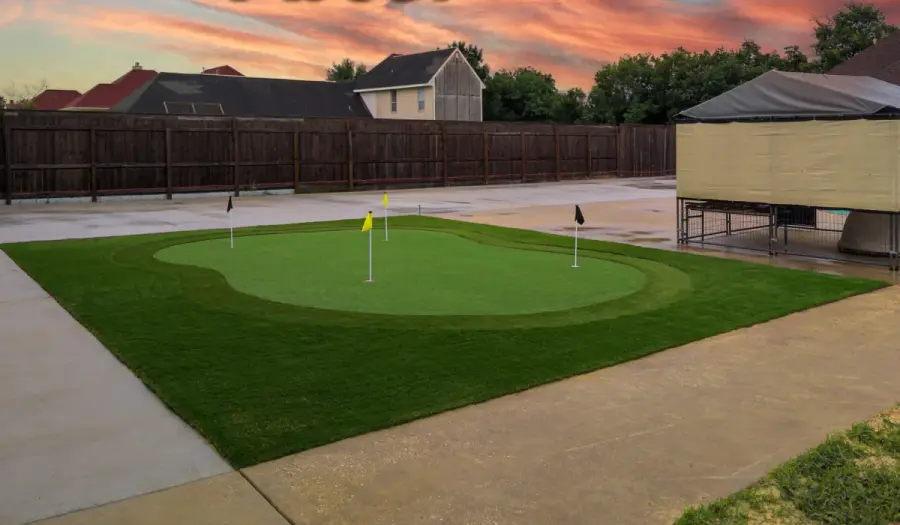 Texla Turf artificial putting green installation at sunset